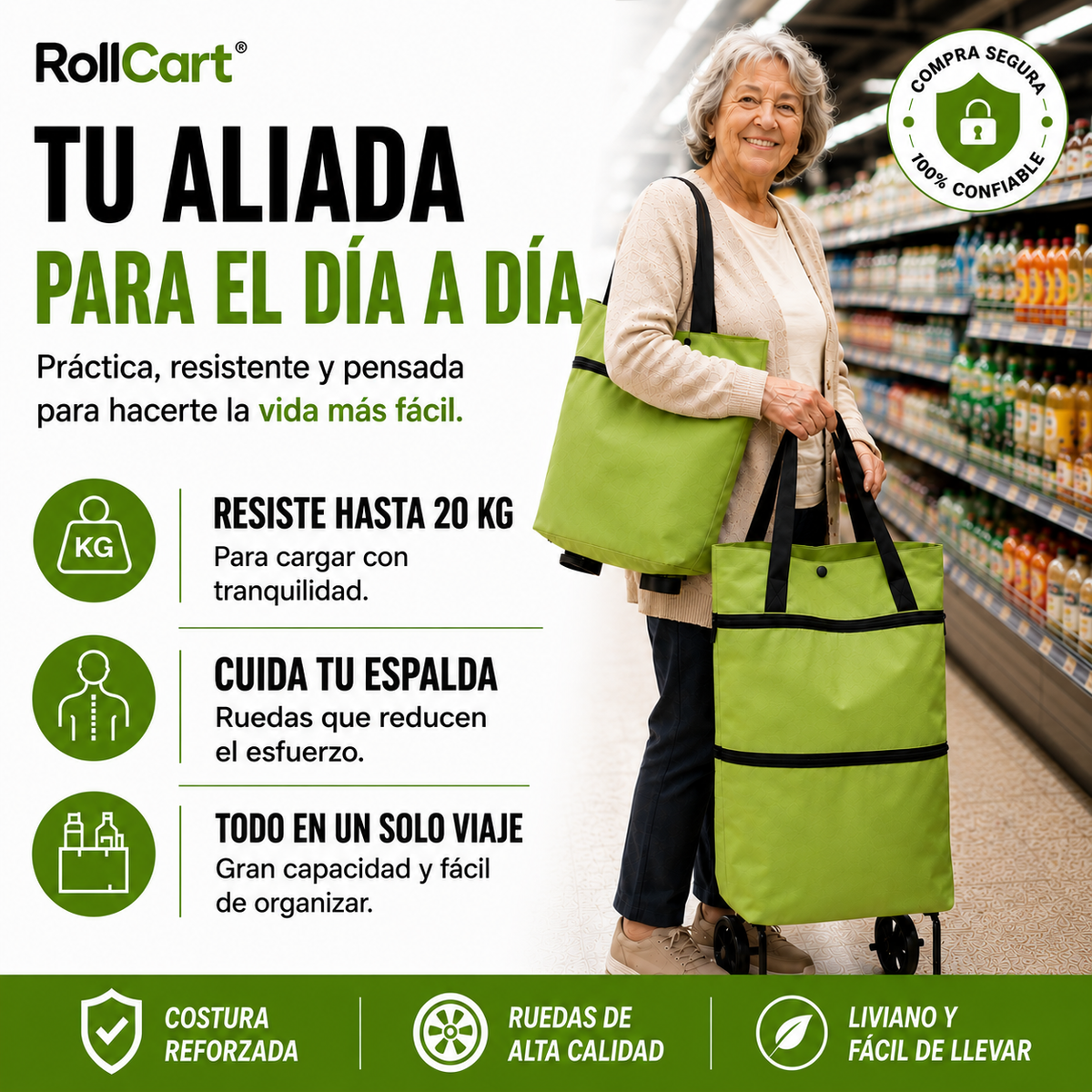 Bolsa plegable 2 en 1 RollCart® 🛒 Mayor capacidad - Cuida tu espalda - Compras en un sólo viaje