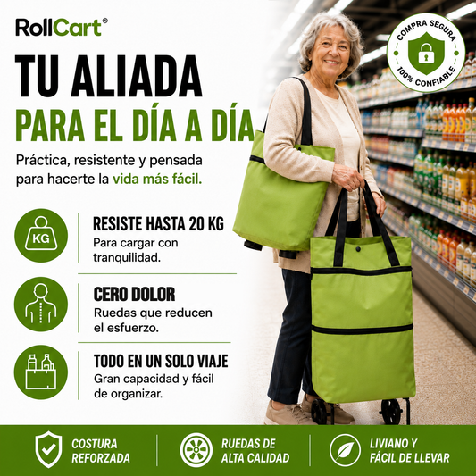 Bolsa plegable 2 en 1 RollCart® 🛒 Mayor capacidad - Cuida tus manos - Compras en un sólo viaje