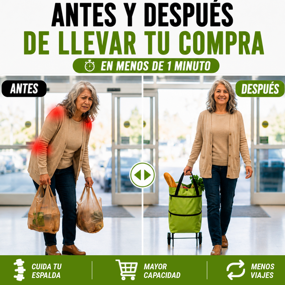Bolsa plegable 2 en 1 RollCart® 🛒 Mayor capacidad - Cuida tus manos - Compras en un sólo viaje